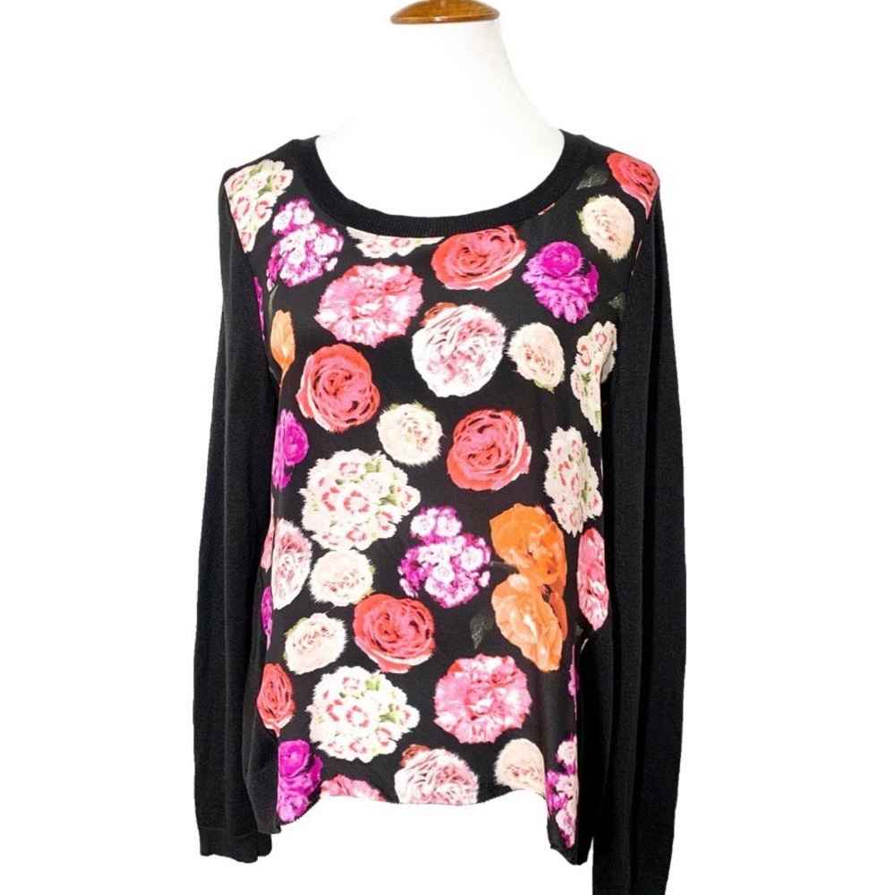 SOLD-Anthropologie Silk Floral Print Raglan Long Sleeve Pullover Sweater Top - Picture 2 of 10